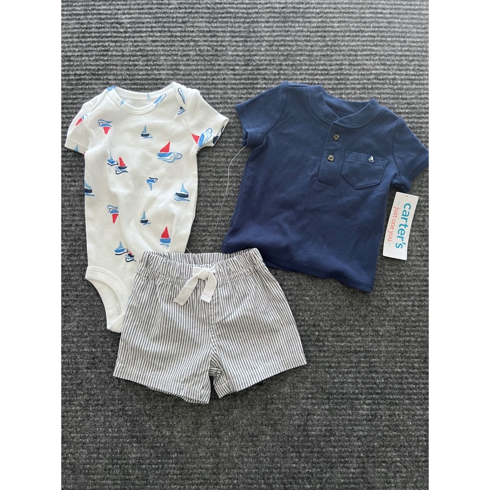 Carters Just One You Newborn Boys 3pc Nautical Sailboat Set Preppy Blue White